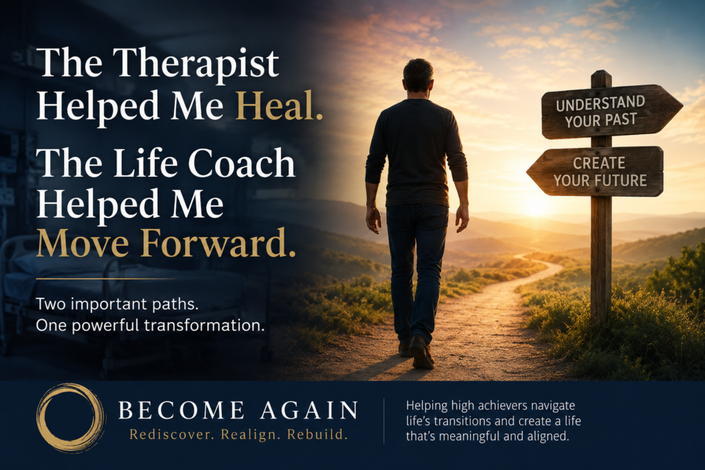 Illustration showing a split path between therapy and life coaching for understanding the past versus creating your future