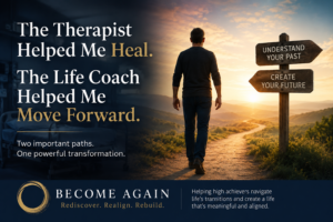 Illustration showing a split path between therapy and life coaching for understanding the past versus creating your future