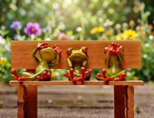 Three frog figurines sitting on a bench representing See No Evil Hear No Evil Speak No Evil metaphor for staying stuck in old habits